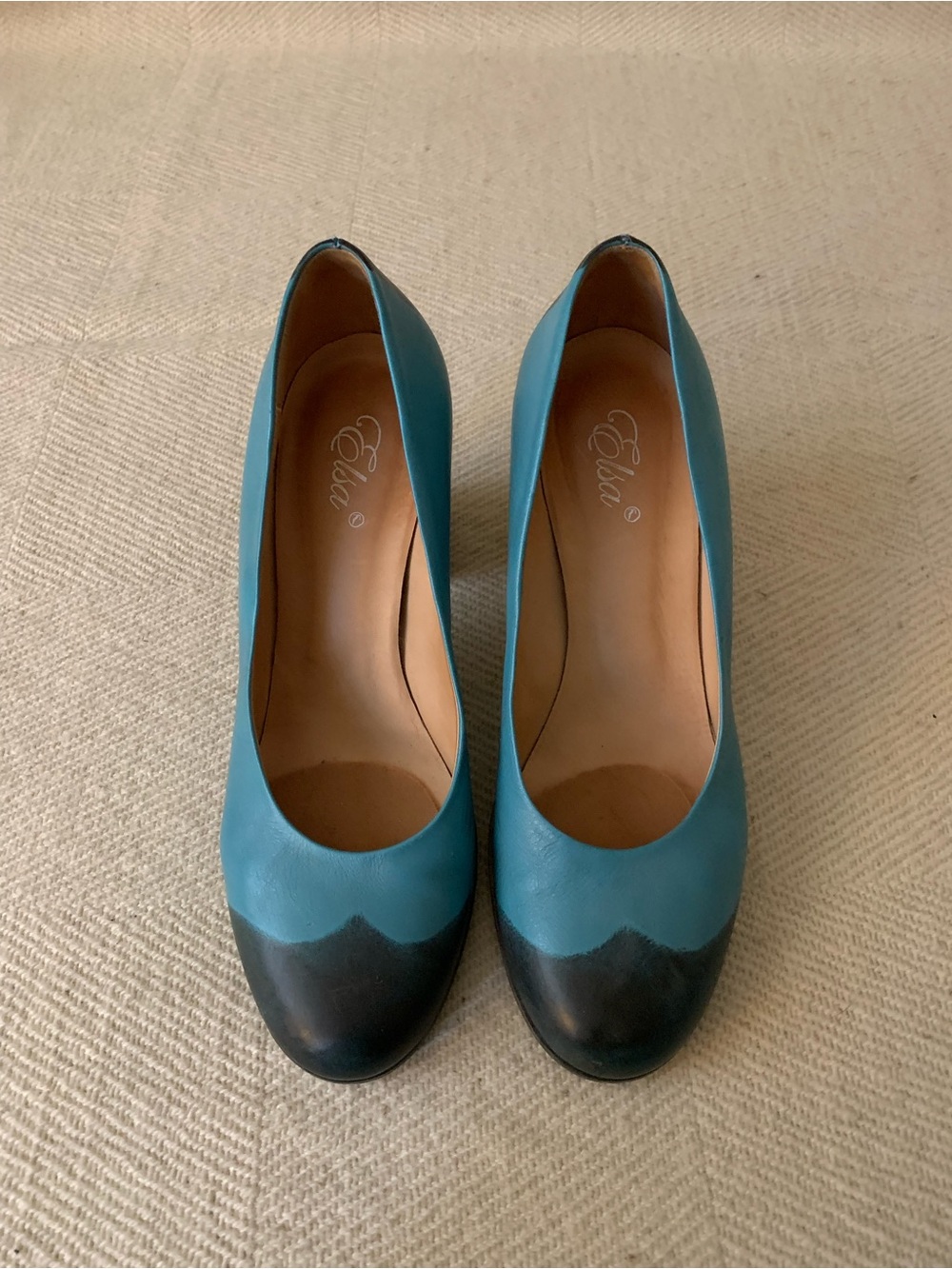 Teal Colour Block Cap-Toe Pumps